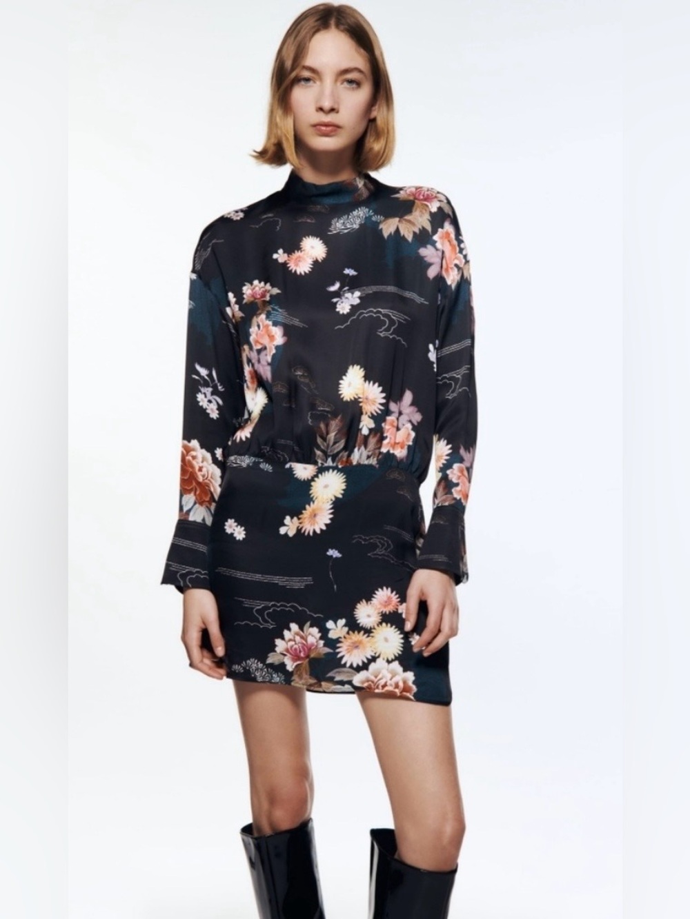 ZARA Black Floral Silky Mock Neck Long Sleeve Mini Dress